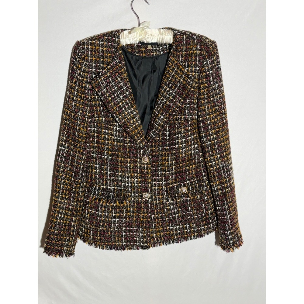 Karl Lagerfeld Paris Womens Multi Color Tweed Frayed Blazer Jacket Size 8